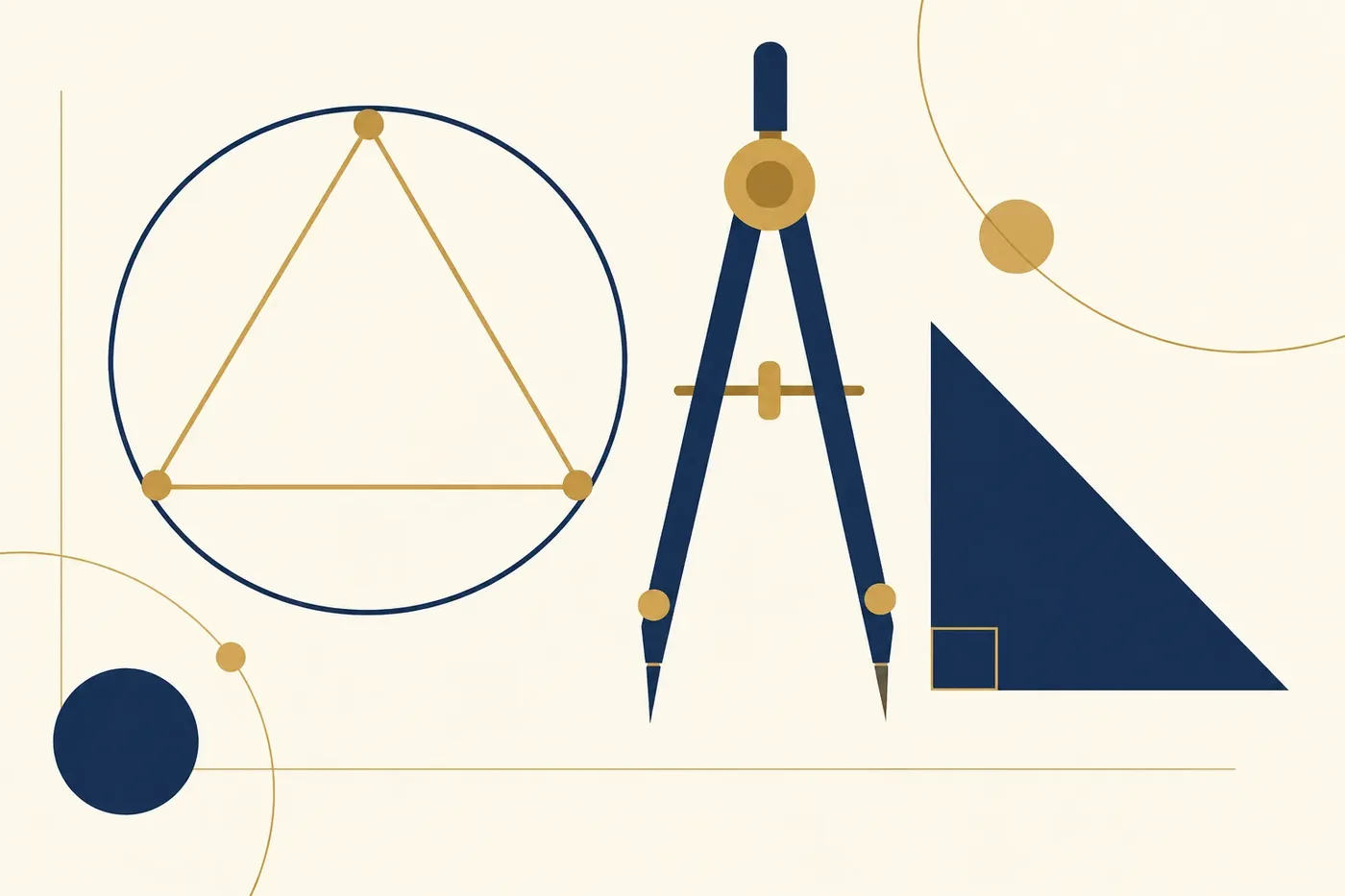 Illustration of a circle with an inscribed triangle and a compass representing geometry